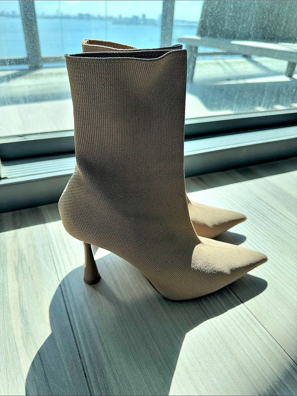 Zara Pointed Toe Sock Heels Boots in Beige